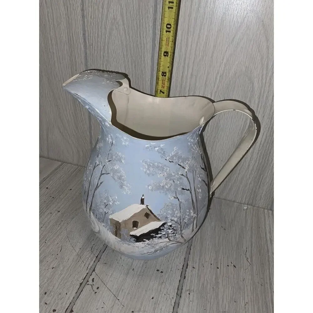 Vintage Hand Painted Metal Pitcher Winter Country Scene Artist Signed Farmhouse